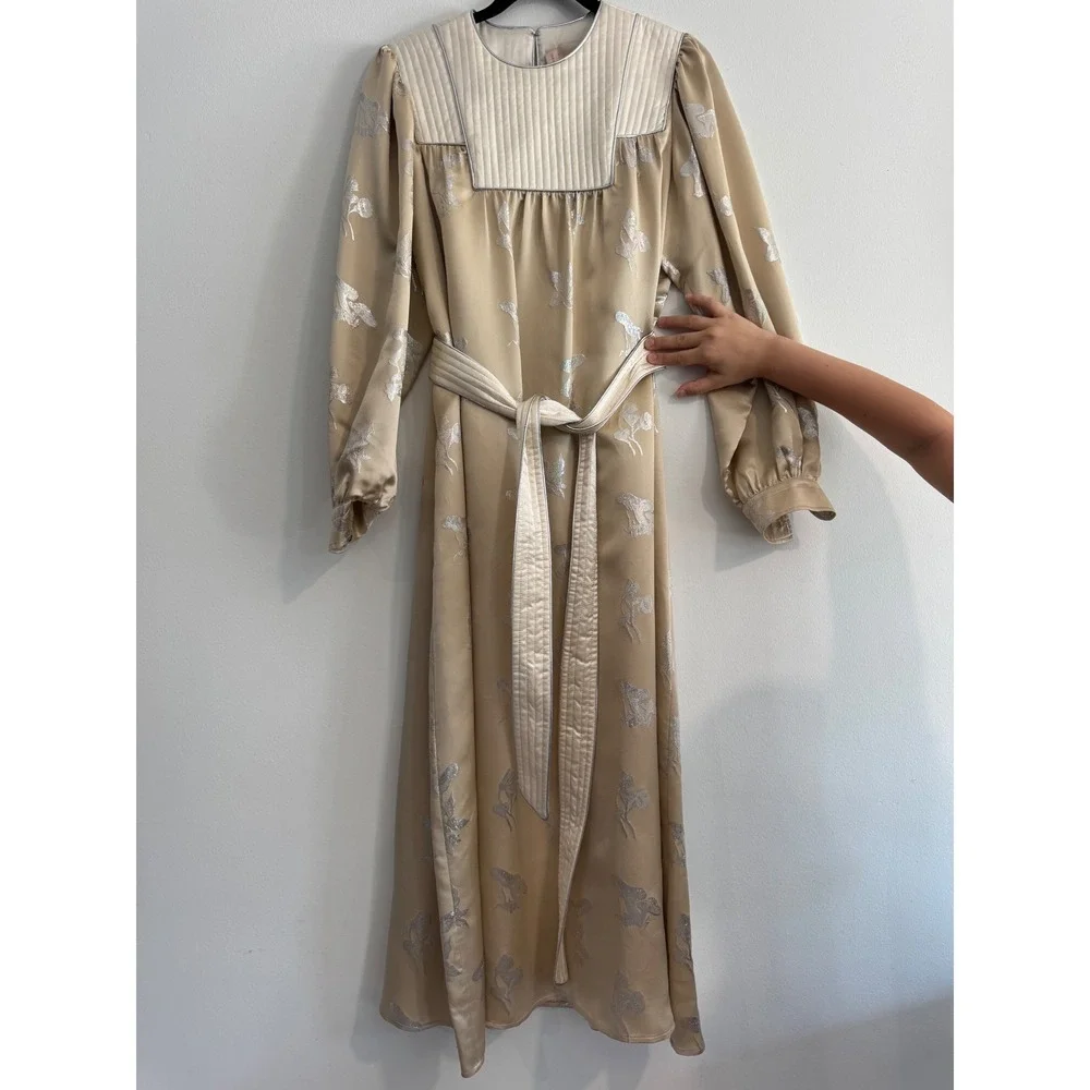 Tory Burch Mushroom Lurex Satin Gown Womens M Champagne Jacquard dress luxury - Picture 6 of 13